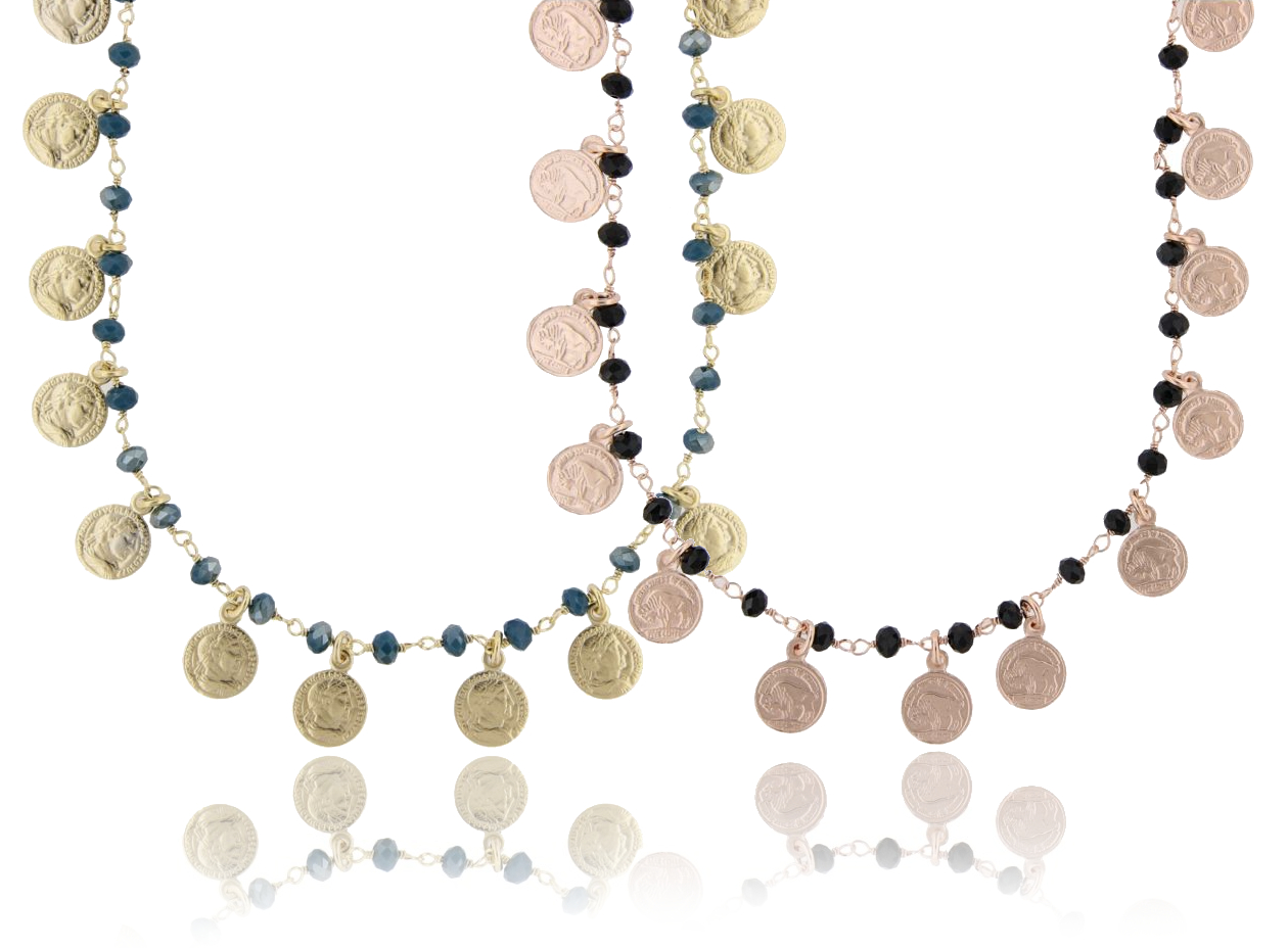 COLLANA CON MONETE E PIETRE IN ARGENTO TIT 925 CM 70