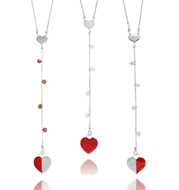 COLLANA FORZATINA A CRAVATTA CON CUORI ZIRCONI E SMALTO IN ARGENTO RODIATO TIT 925 CM 40-45