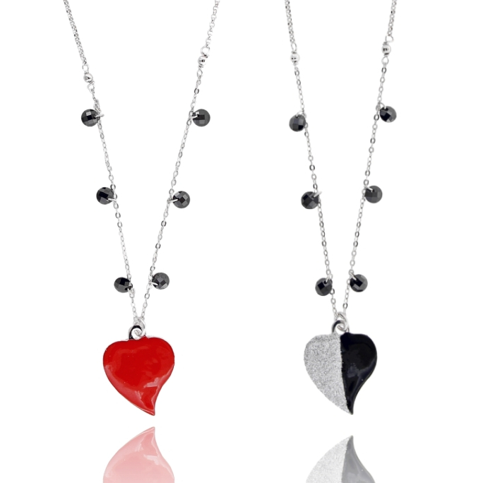 COLLANA FORZATINA CON CUORE, ZIRCONI E SMALTO IN ARGENTO RODIATO TIT 925 CM 40-45