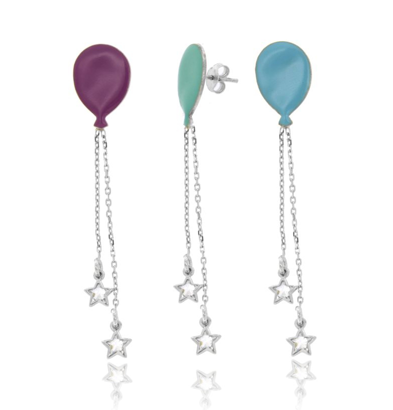 ORECCHINI PALLONCINO CON CATENINE E STELLINE CON ZIRCONI PENDENTI IN ARGENTO RODIATO TIT 925