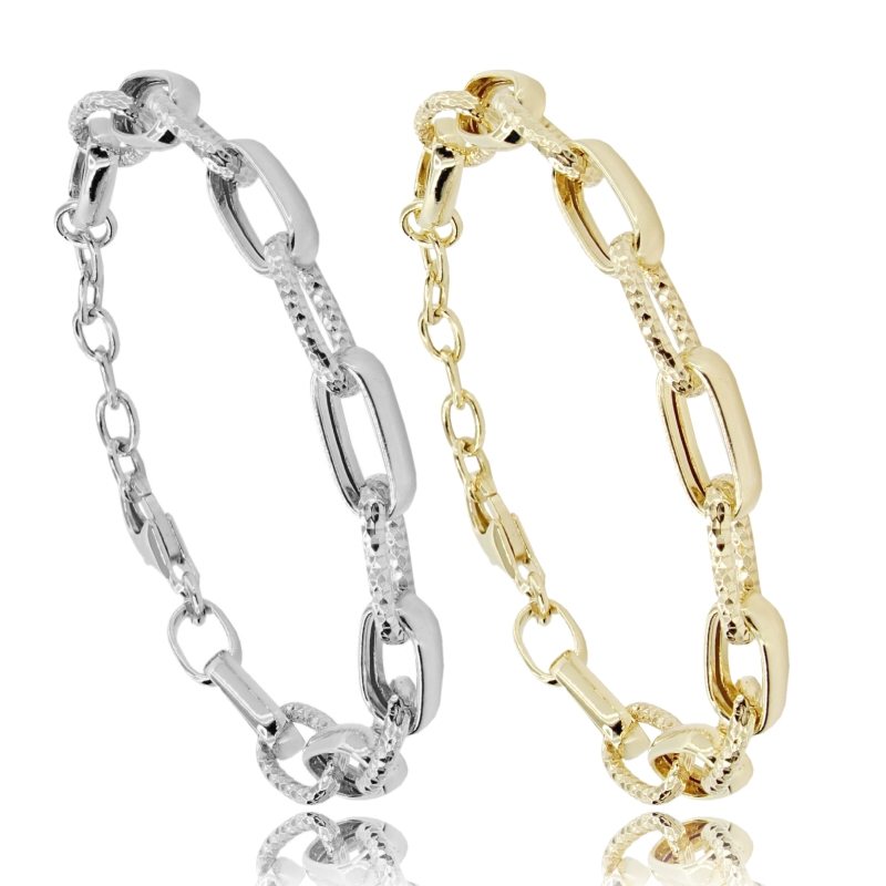 BRACCIALE FORZATINA ALLUNGATA MM 15X8 A CANNA SCHIACCIATA MM 3,4 IN ARGENTO LISCIO E DIAMANTATO TIT 925 CM 17-19