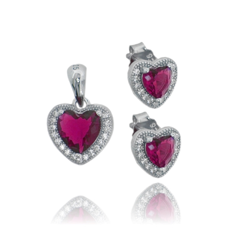 PARURE ORECCHINI E CIONDOLO CUORE IN ARGENTO RODIATO TIT 925 E ZIRCONI