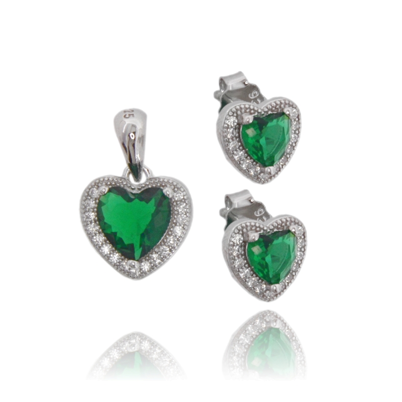 PARURE ORECCHINI E CIONDOLO CUORE IN ARGENTO RODIATO TIT 925 E ZIRCONI