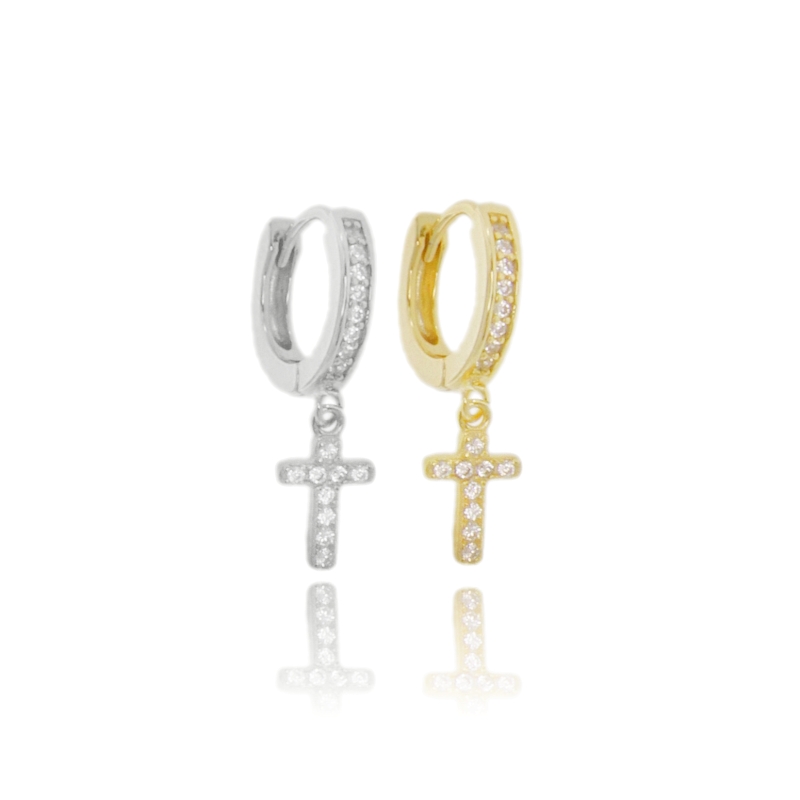 ORECCHINI A CERCHIO SCATTINO CON CROCE PENDENTE IN ARGENTO TIT 925 E ZIRCONI