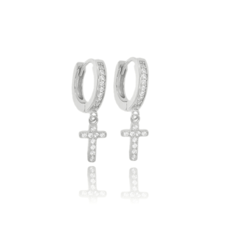 ORECCHINI A CERCHIO SCATTINO CON CROCE PENDENTE IN ARGENTO TIT 925 E ZIRCONI
