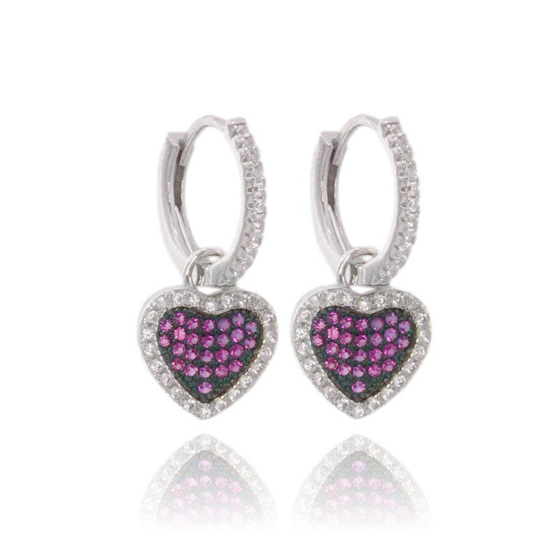 ORECCHINI A CERCHIO SCATTINO CON CUORE PENDENTE IN ARGENTO TIT 925 E ZIRCONI