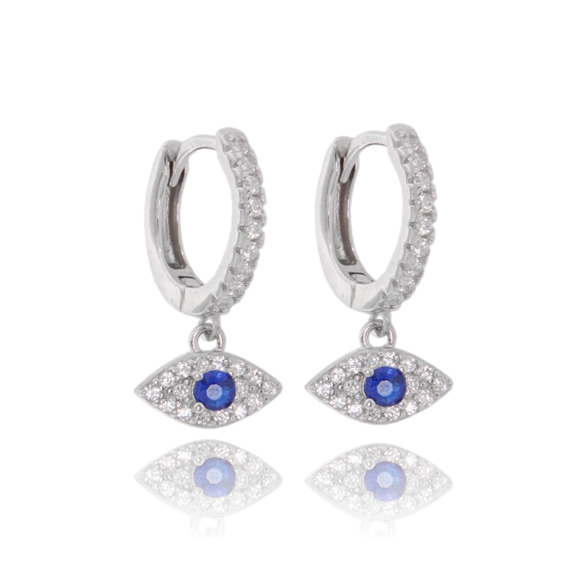 ORECCHINI A CERCHIO SCATTINO CON OCCHIO PENDENTE IN ARGENTO RODIATO TIT 925 E ZIRCONI