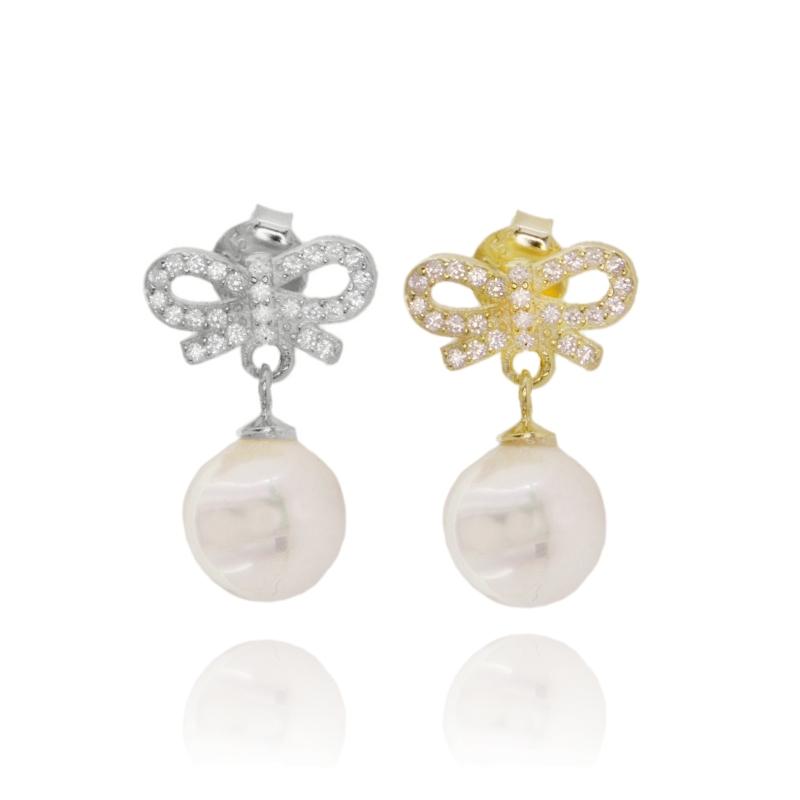 ORECCHINI PENDENTI FIOCCO CON PERLA IN ARGENTO TIT 925 E ZIRCONI