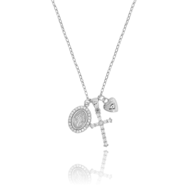 COLLANA FORZATINA CON MADONNA, CROCE E CUORE PENDENTE IN ARGENTO TIT 925 E ZIRCONI CM 40-45