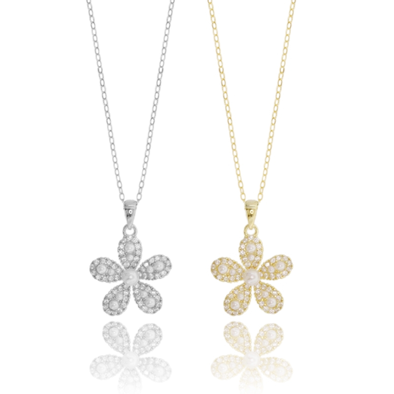 COLLANA FORZATINA CON FIORE PENDENTE IN ARGENTO TIT 925 PERLA E ZIRCONI CM 40-45
