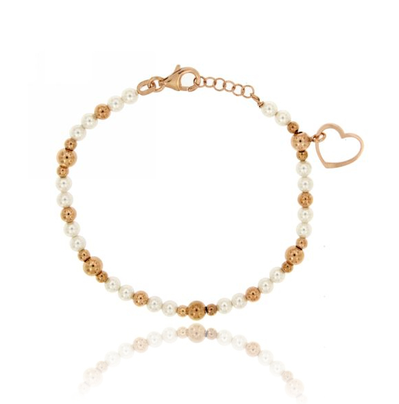 BRACCIALE SFERE E PERLE CM 18 CON CUORE IN ARGENTO PLACCATO ORO ROSA TIT 925‰