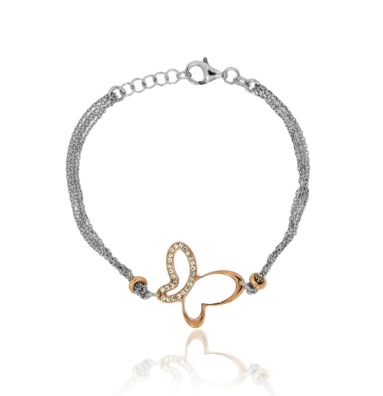 BRACCIALE FORZATINA CM 18 CON FARFALLA PLACCATA ORO ROSA IN ARGENTO RODIATO TIT 925‰ E STRASS