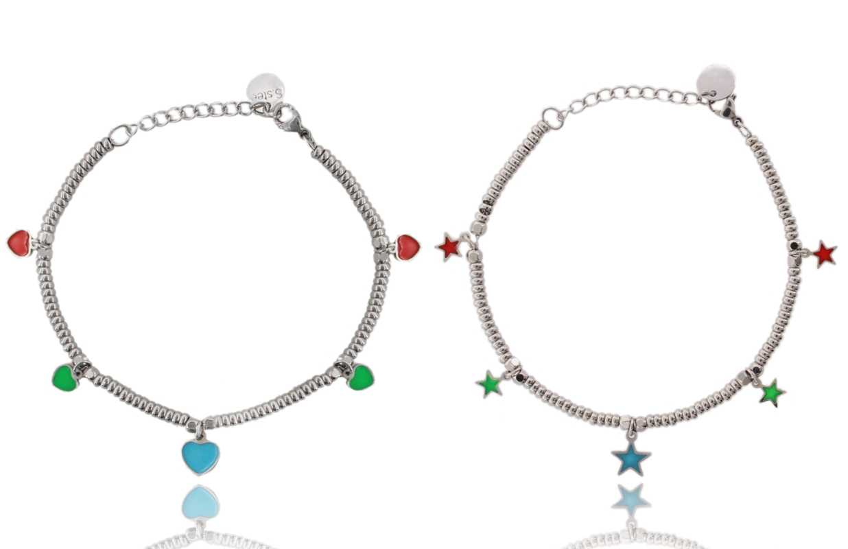 BRACCIALE CON RONDELLE E CHARMS SMALTATI IN ACCIAIO CM 17-21