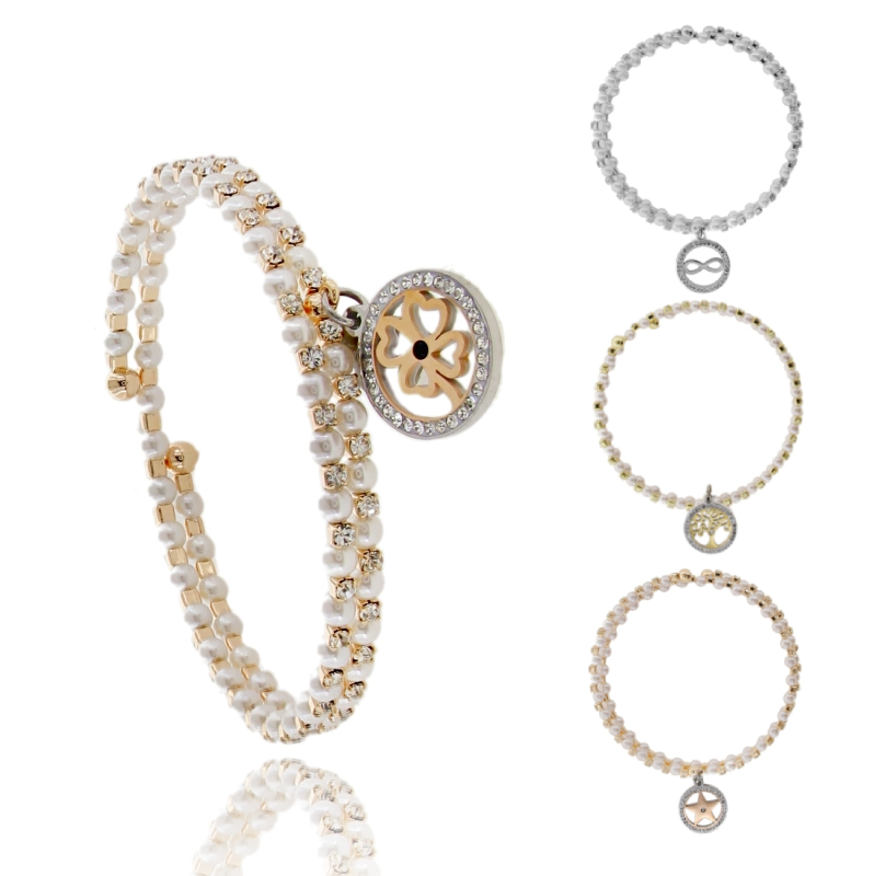 BRACCIALE A SERPENTE CON STRASS, PERLE E SIMBOLO PENDENTE IN OTTONE