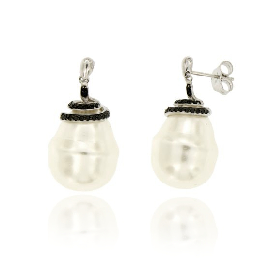 ORECCHINI PERLA BIANCA BAROCCA MM 16X21 IN ARGENTO RODIATO TIT 925‰ E ZIRCONI NERI