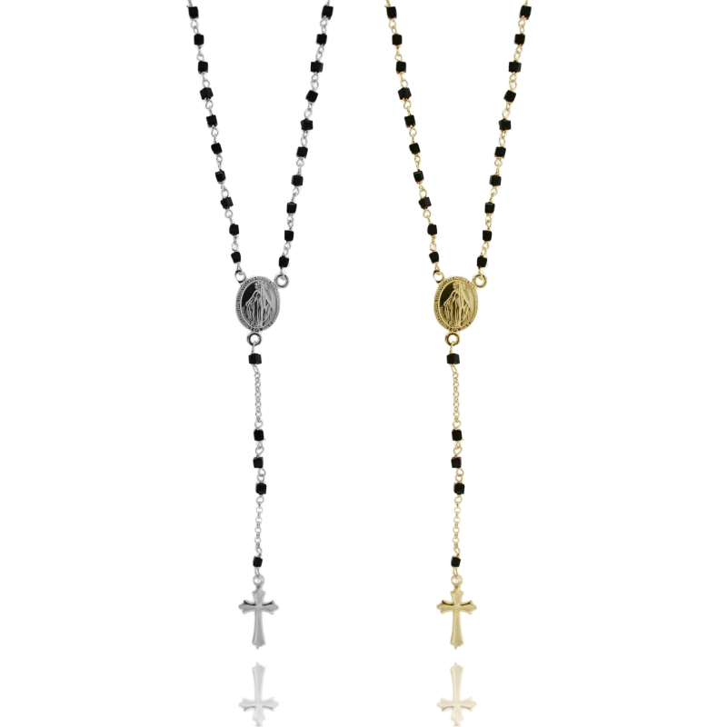 COLLANA ROSARIO CON PIETRE NERE QUADRATE CM 50 IN ARGENTO 925