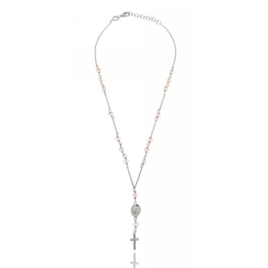 COLLANA ROSARIO BABY FORZATINA CON PIETRA FACCETTATA DA MM 2,5X3,5 ROSA CM 32 IN ARGENTO RODIATO 925‰