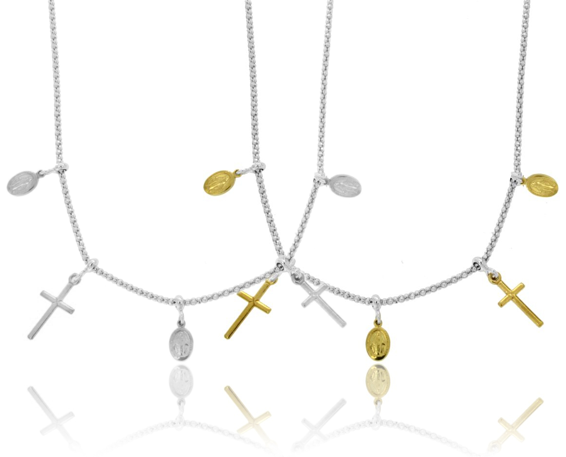 COLLANA POP CORN CON MADONNINE E CROCI PENDENTI IN ARGENTO TIT 925 CM 45