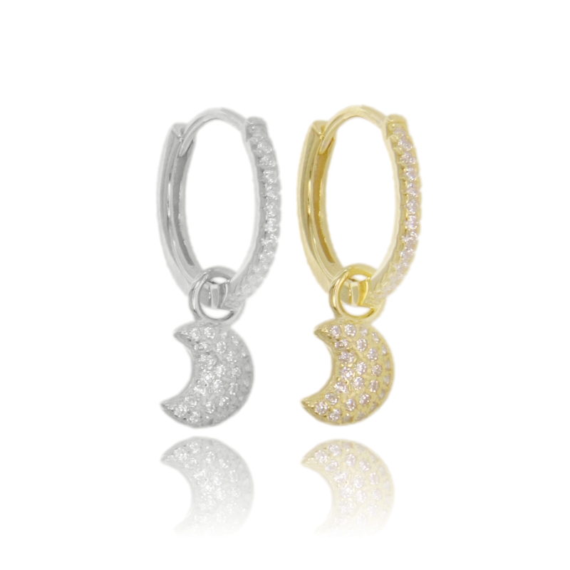 ORECCHINI A CERCHIO MM 12 CON LUNA PENDENTE IN ARGENTO TIT 925 E ZIRCONI