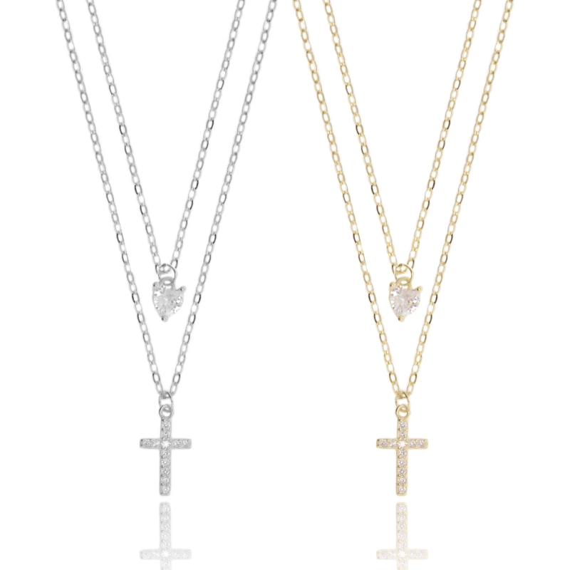 CATENA FORZATINA DOPPIO FILO CM 45 CON CROCE PENDENTE IN ARGENTO E ZIRCONI BIANCHI
