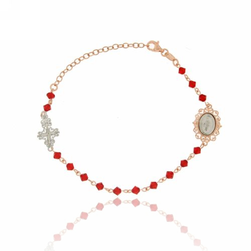 BRACCIALE CORONA CON CRISTALLI MM 4 CON MADONNA E CROCE TRAFORATI IN ARGENTO PLACCATO ORO ROSA E RODIO CM DA 18 A 23