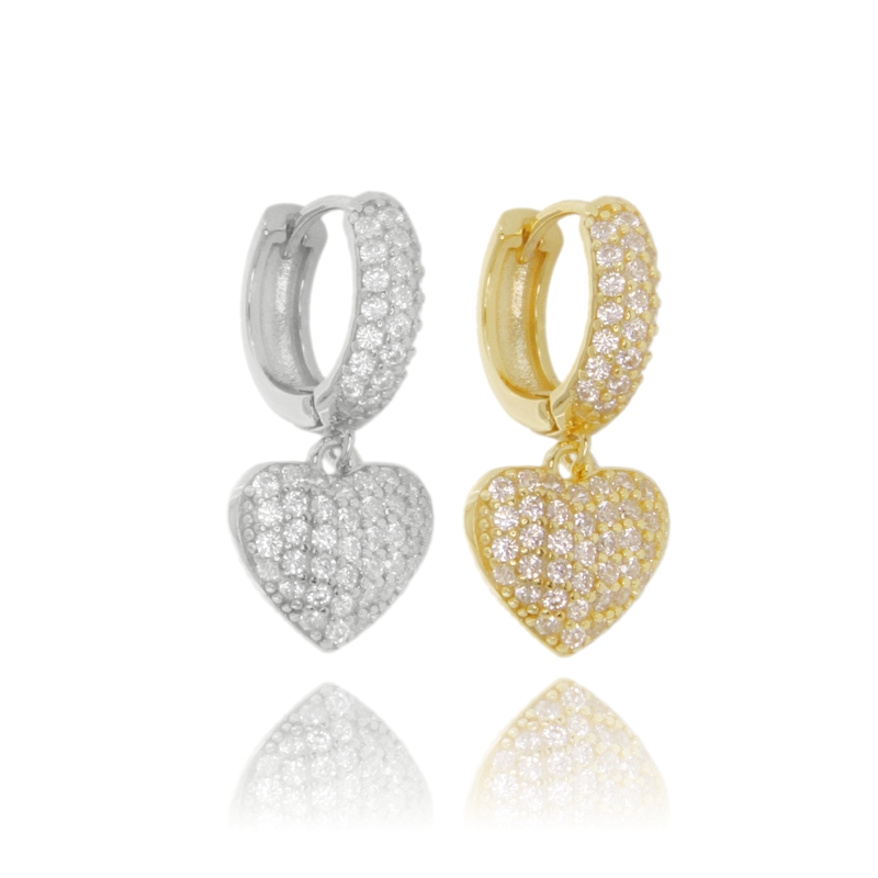 ORECCHINI A CERCHIO CON CUORE PENDENTE IN ARGENTO TIT 925 E ZIRCONI BIANCHI
