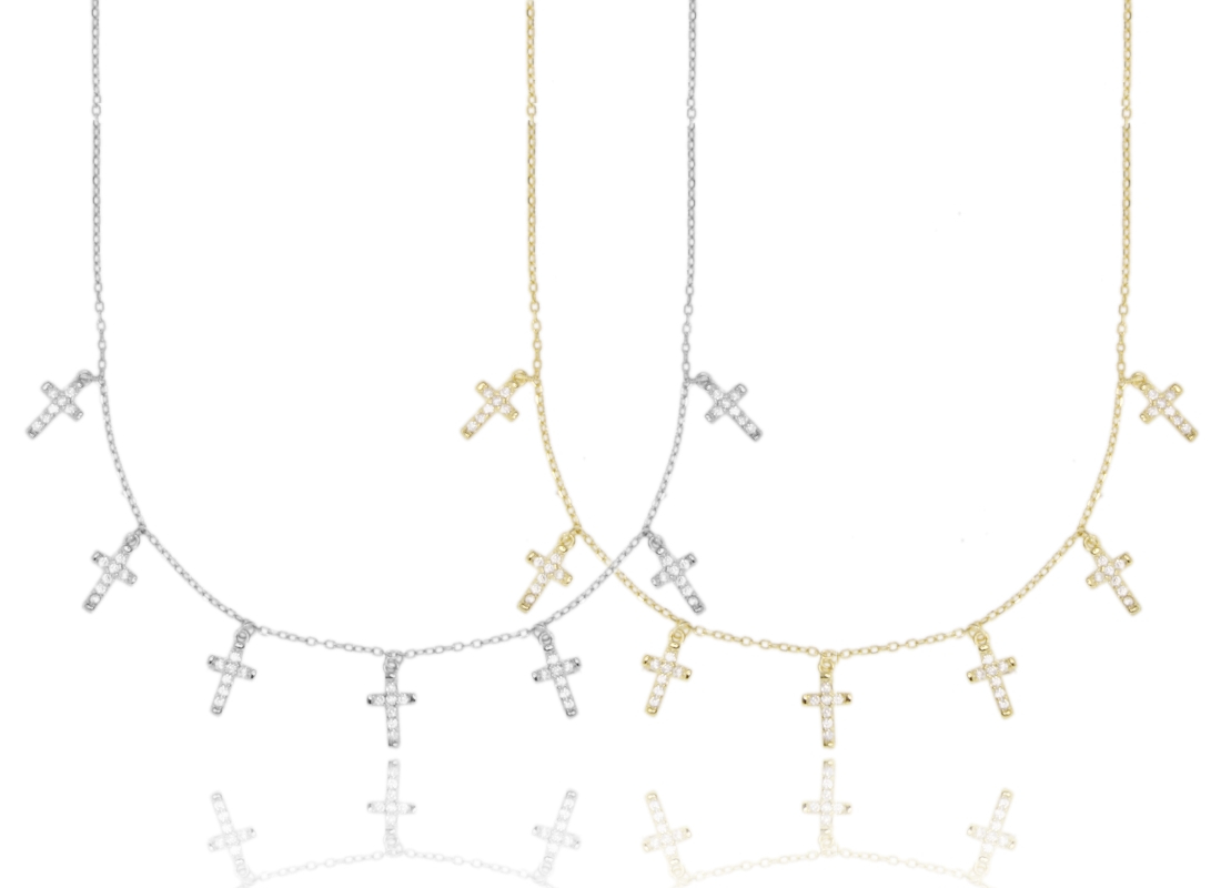 CATENA FORZATINA CM 45 CON CROCI PENDENTE IN ARGENTO E ZIRCONI BIANCHI