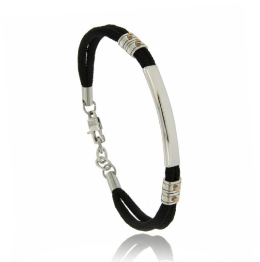 BRACCIALE IN CORDA NERA CON TARGA IN ACCIAIO CON PUNTINI IN OTTONE