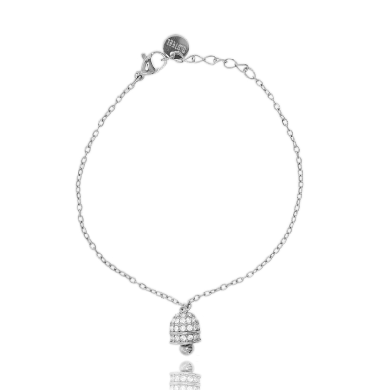 BRACCIALE ROLO' CON CAMPANELLA PENDENTE IN ACCIAIO E STRASS