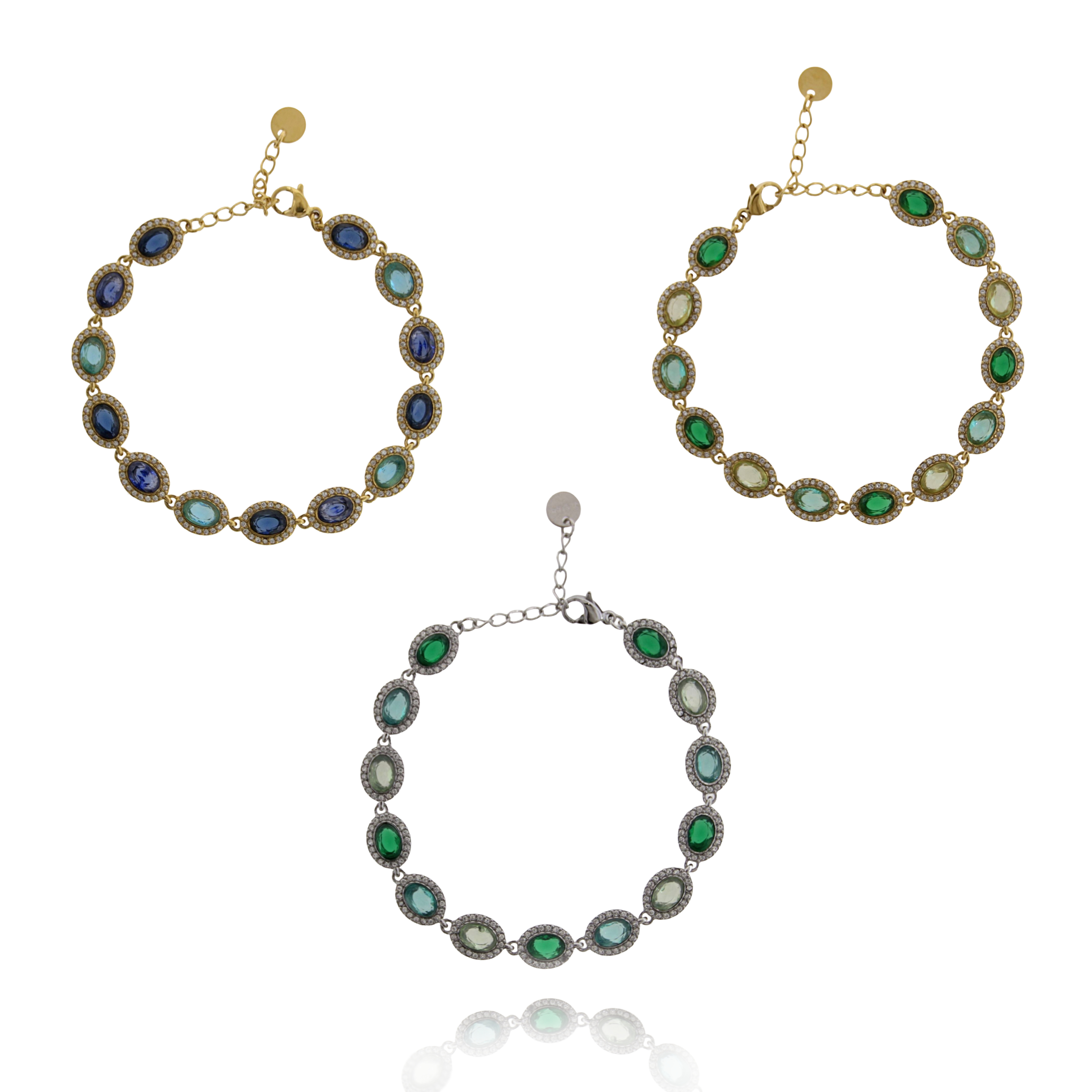 BRACCIALE CON 13 PIETRE OVALI IN ACCIAIO E ZIRCONI CM 16-20