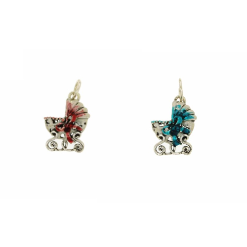 CIONDOLO CARROZZINA MM 30X21 IN ARGENTO MICROFUSO BRUNITO TIT 800‰ E SMALTO CELESTE