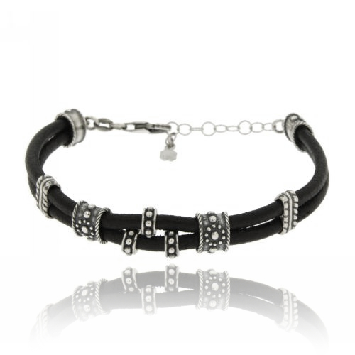 BRACCIALE IN CUOIO TUBOLARE MM 3 IN ARGENTO BRUNITO TIT 925‰ CM 17-20