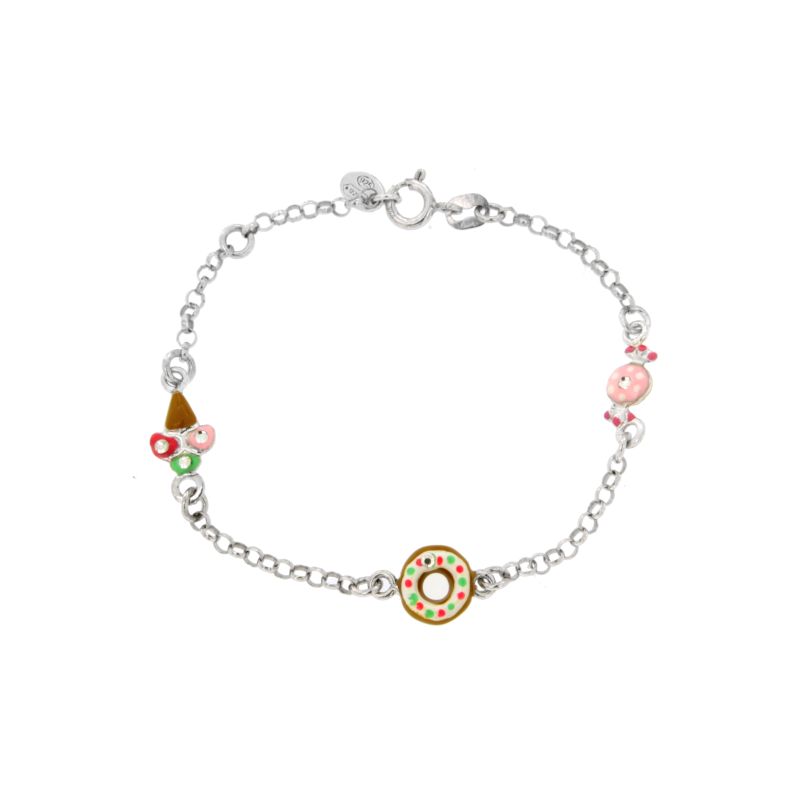 BRACCIALE ROLO' CON CARAMELLA, GELATO E CIAMBELLA IN ARGENTO RODIATO TIT 925, CON STRASS E SMALTO CM 15-17
