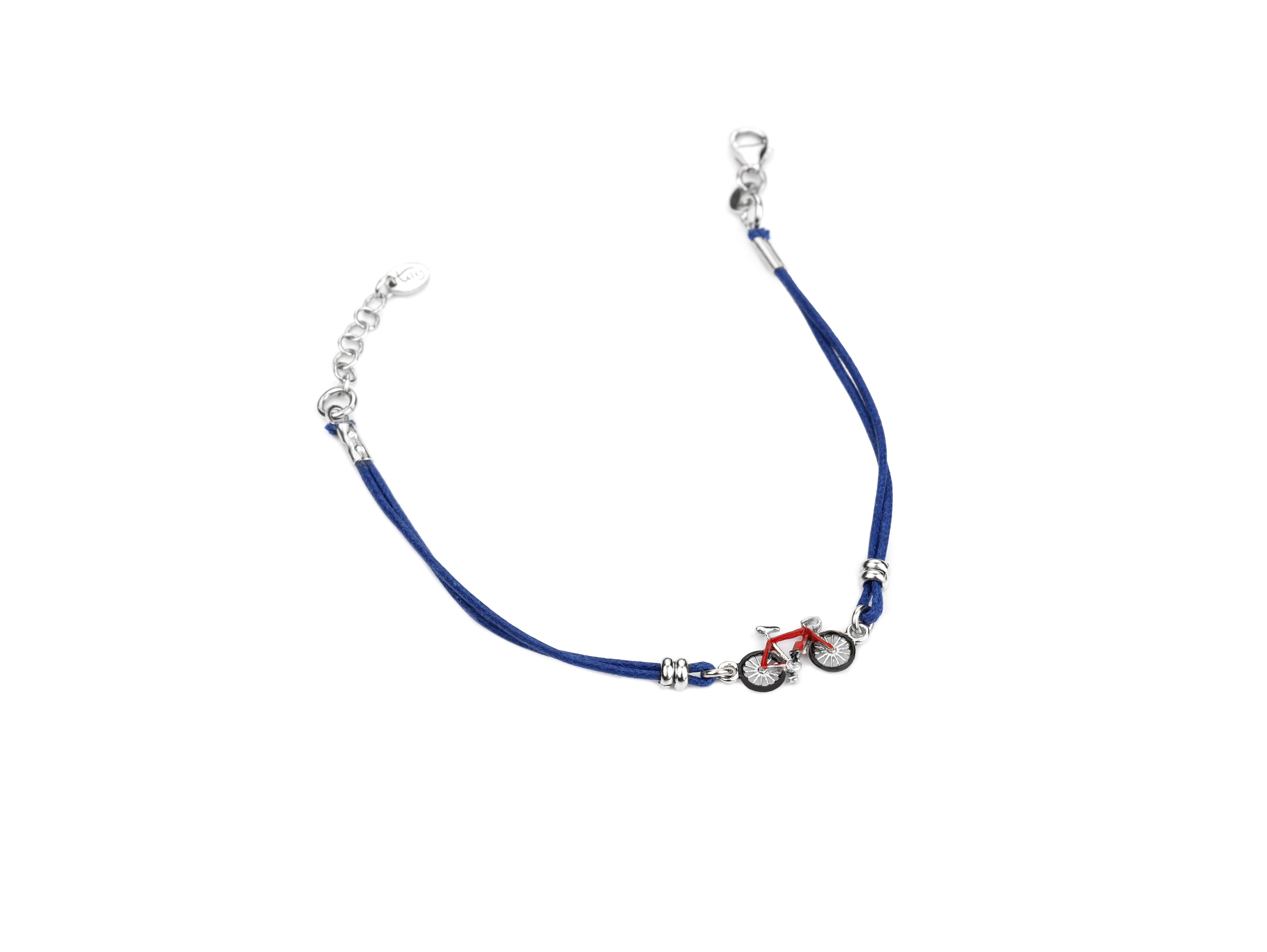 BRACCIALE IN SETA CERATA CON BICI IN ARGENTO RODIATO TIT 925 E SMALTO CM 15-17