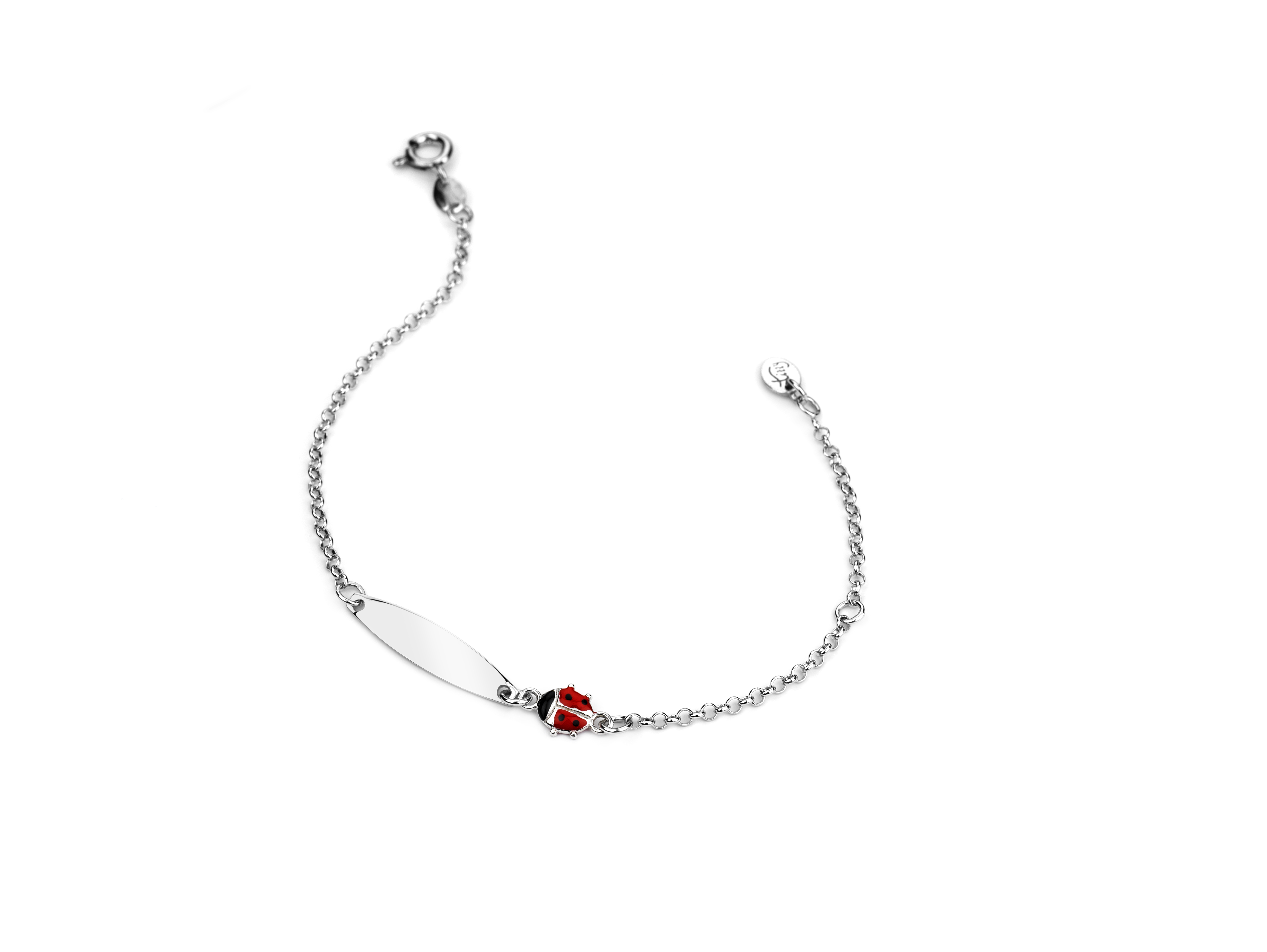 BRACCIALE CATENA ROLÒ CON PIASTRINA DA INCIDERE E COCCINELLA IN ARGENTO RODIATO TIT 925 E SMALTO CM 14-17