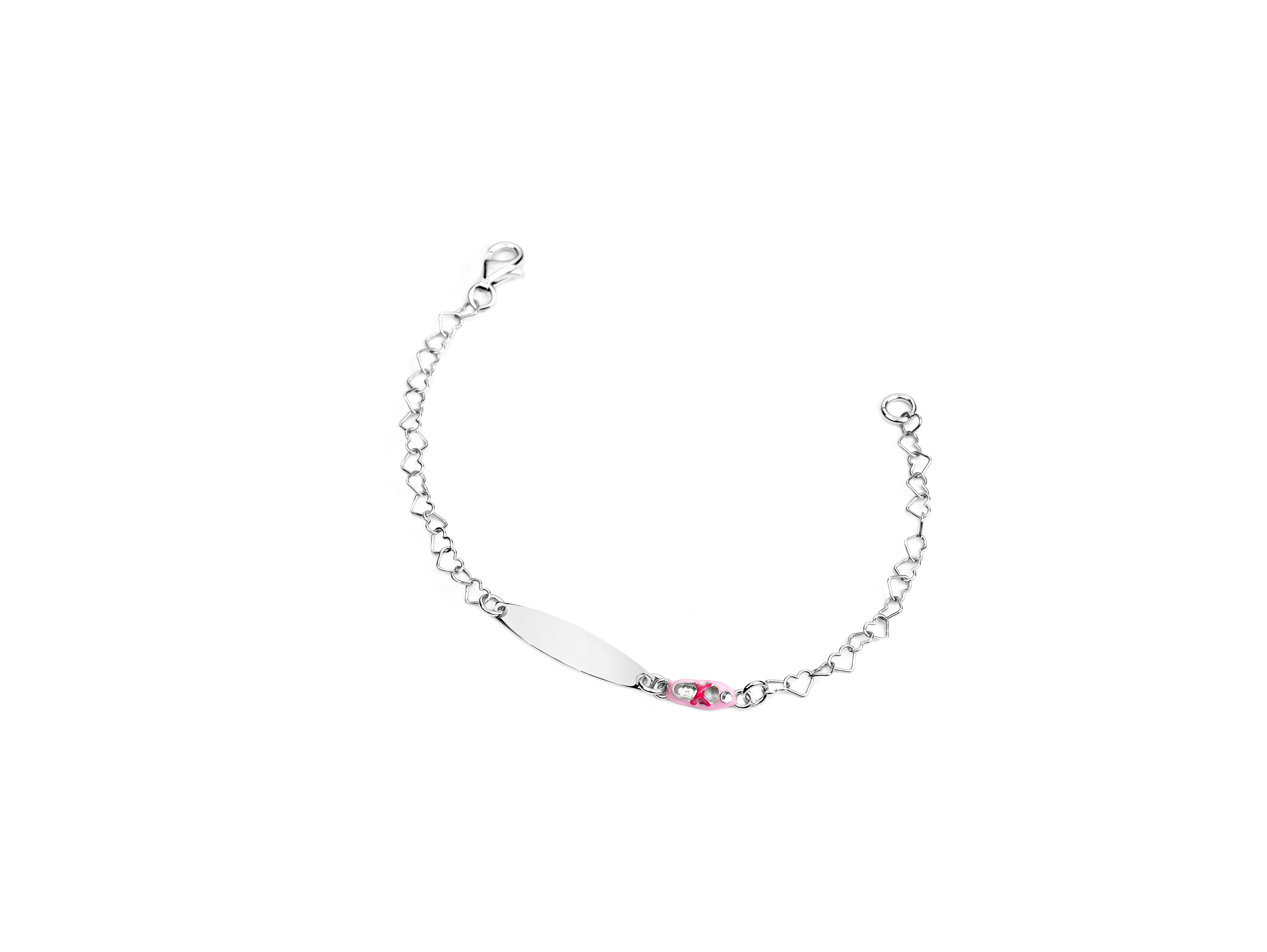 BRACCIALE CATENA A CUORI CON PIASTRINA DA INCIDERE E SCARPETTA IN ARGENTO RODIATO TIT 925 E SMALTO CM 14-17