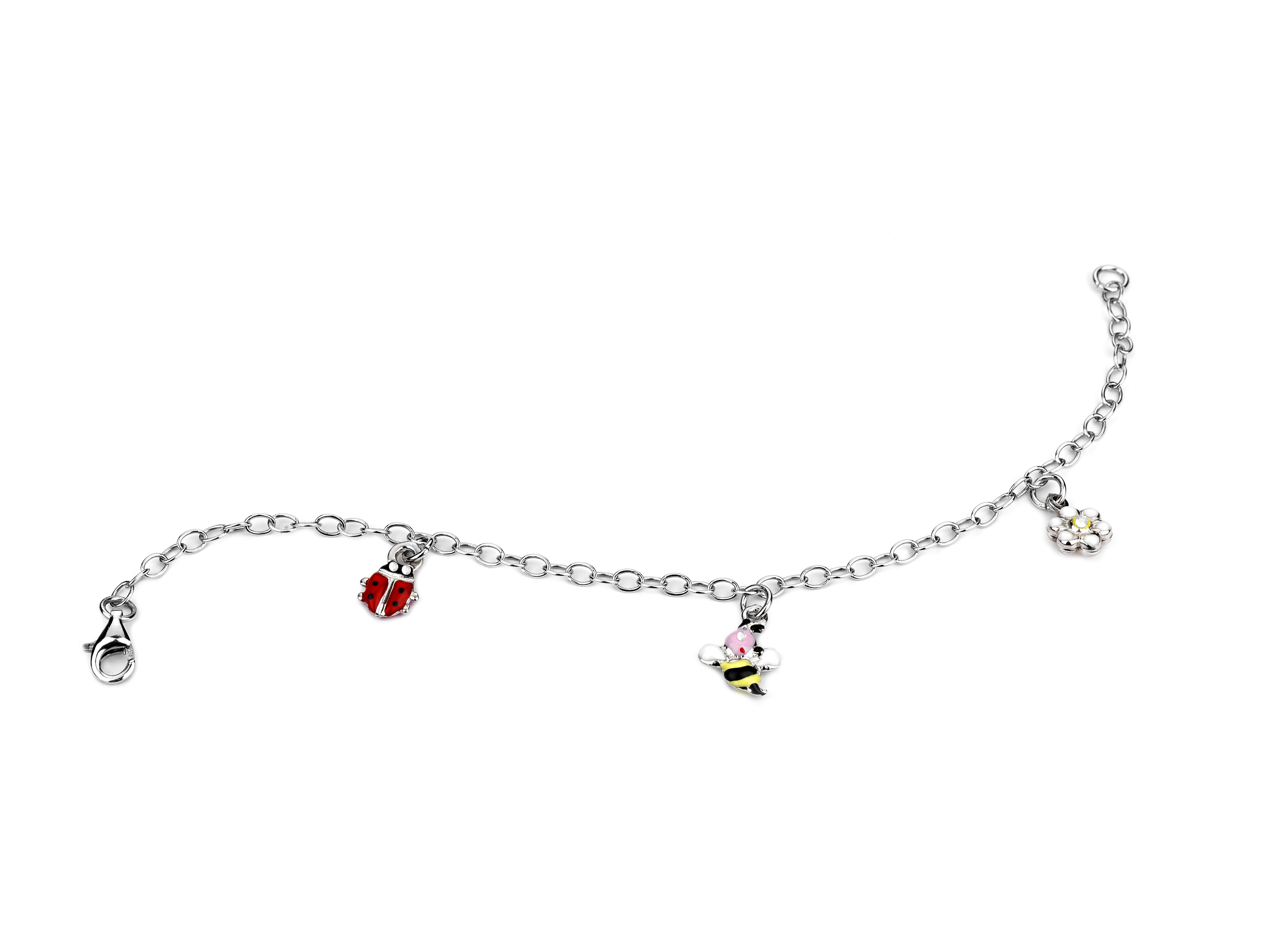 BRACCIALE CON CATENA ROLÒ OVALE CON COCCINELLA,FIORELLINO E APE IN ARGENTO RODIATO TIT 925 E SMALTO CM 14-17
