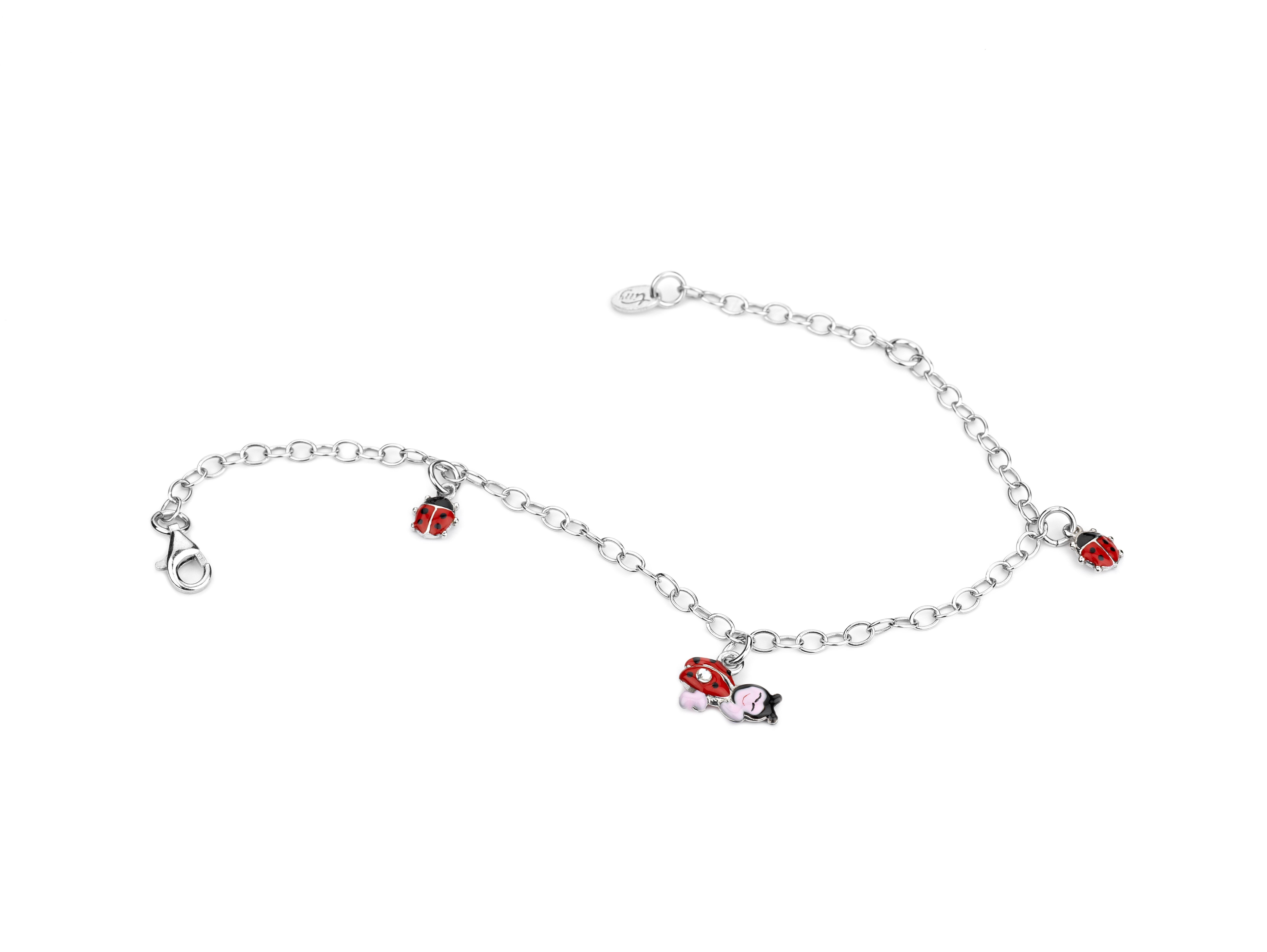 BRACCIALE CON CATENA ROLÒ OVALE CON COCCINELLE PENDENTI IN ARGENTO RODIATO TIT 925 E SMALTO CM 14-17