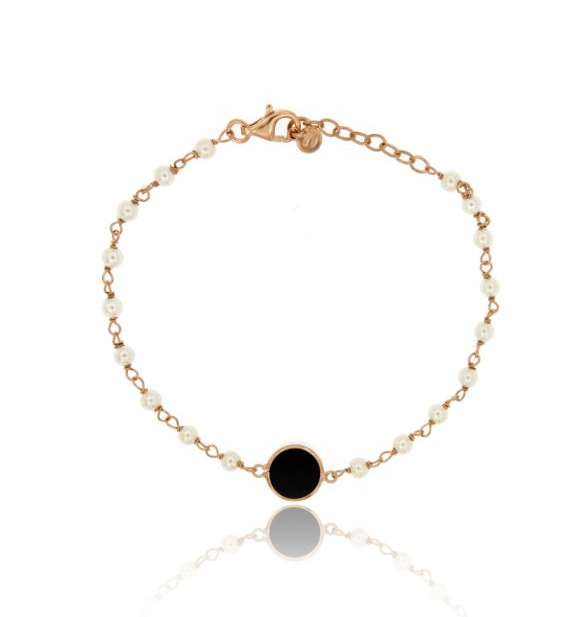 BRACCIALE PERLINE MM 3 CON PIETRA NERA CENTRALE IN ARGENTO PLACCATO ORO ROSA TIT 925‰ CM 18