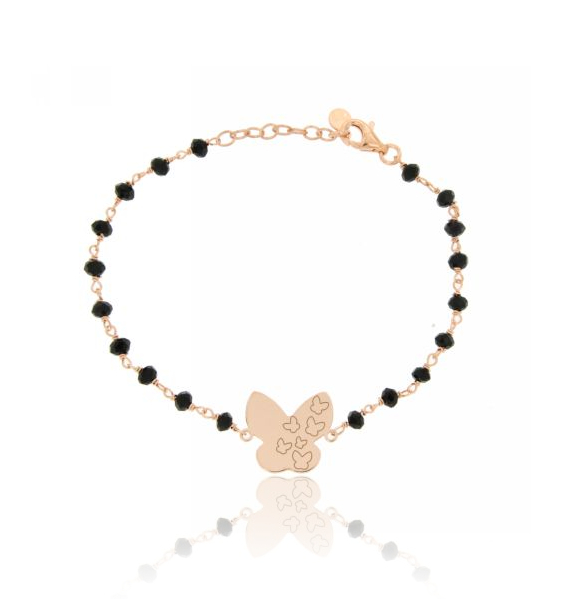 BRACCIALE PALLINE FACCETTATE IN CRISTALLO CON FARFALLA CENTRALE IN ARGENTO PLACCATO ORO ROSA TIT 925 CM 18