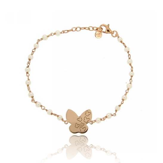 BRACCIALE PALLINE FACCETTATE IN CRISTALLO CON FARFALLA CENTRALE IN ARGENTO PLACCATO ORO ROSA TIT 925 CM 18