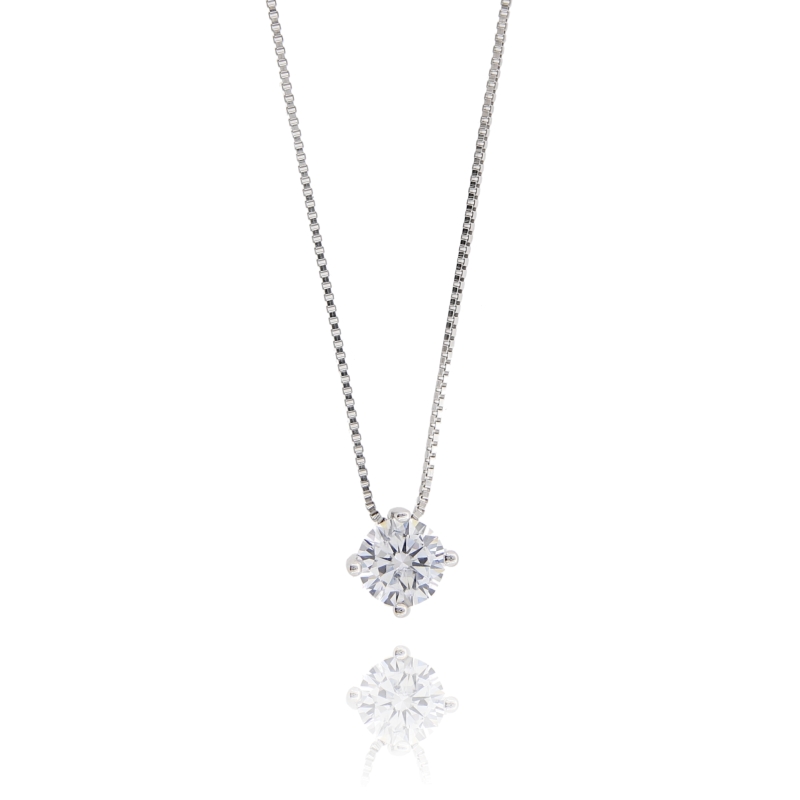 CIONDOLO PUNTO LUCE A 4 GRIFFE CON ZIRCONE MM 7 CON CATENA CM 42 IN ARGENTO RODIATO 925‰