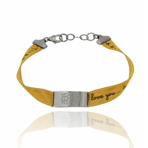 BRACCIALE AMORE CON NASTRO DI RASO E CIVETTA IN ARGENTO RODIATO TIT 925‰ CM 18