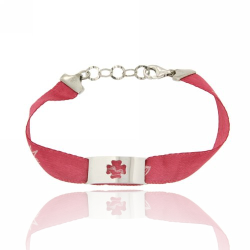 BRACCIALE KISS CON NASTRO DI RASO E QUADRIFOGLIO IN ARGENTO RODIATO TIT 925‰ CM 18