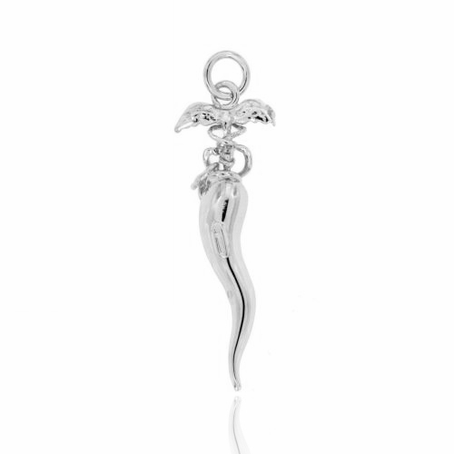 CIONDOLO A CORNO CON CADUCEO SIMBOLO FARMACIA MM 53X17 IN ARGENT0 TIT 800