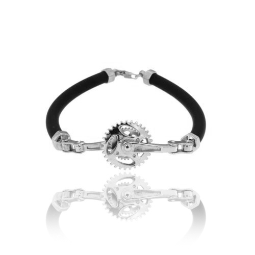BRACCIALE IN CAUCCIU' TUBOLARE MM 5 CON INGRANAGGIO CENTRALE IN ARGENTO RODIATO TIT 925
