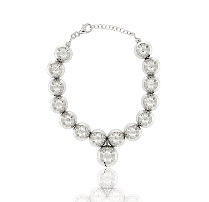 BRACCIALE CON SFERE MM 12 CON CAMPANELLINO MM 14 IN ARGENTO RODIATO TIT 925‰ CM 17 ESTENSIBILE A 20