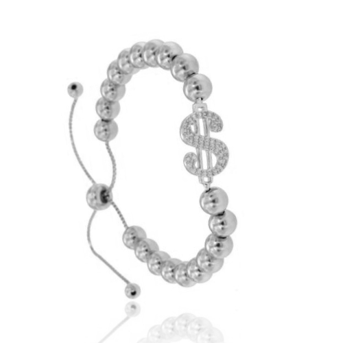 BRACCIALE CON SFERE MM 6,5 CON DOLLARO CENTRALE CON ZIRCONI E CHIUSURA SALISCENDI IN ARGENTO RODIATO TIT 925