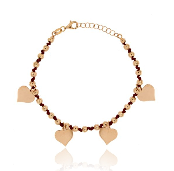 BRACCIALE CON SFERE, SETA CERATA E CUORI PENDENTI IN ARGENTO RAMATO TIT 925‰ CM 17-20