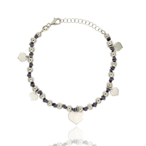 BRACCIALE CON SFERE, SETA CERATA E CUORI PENDENTI IN ARGENTO RODIATO TIT 925‰ CM 17-20